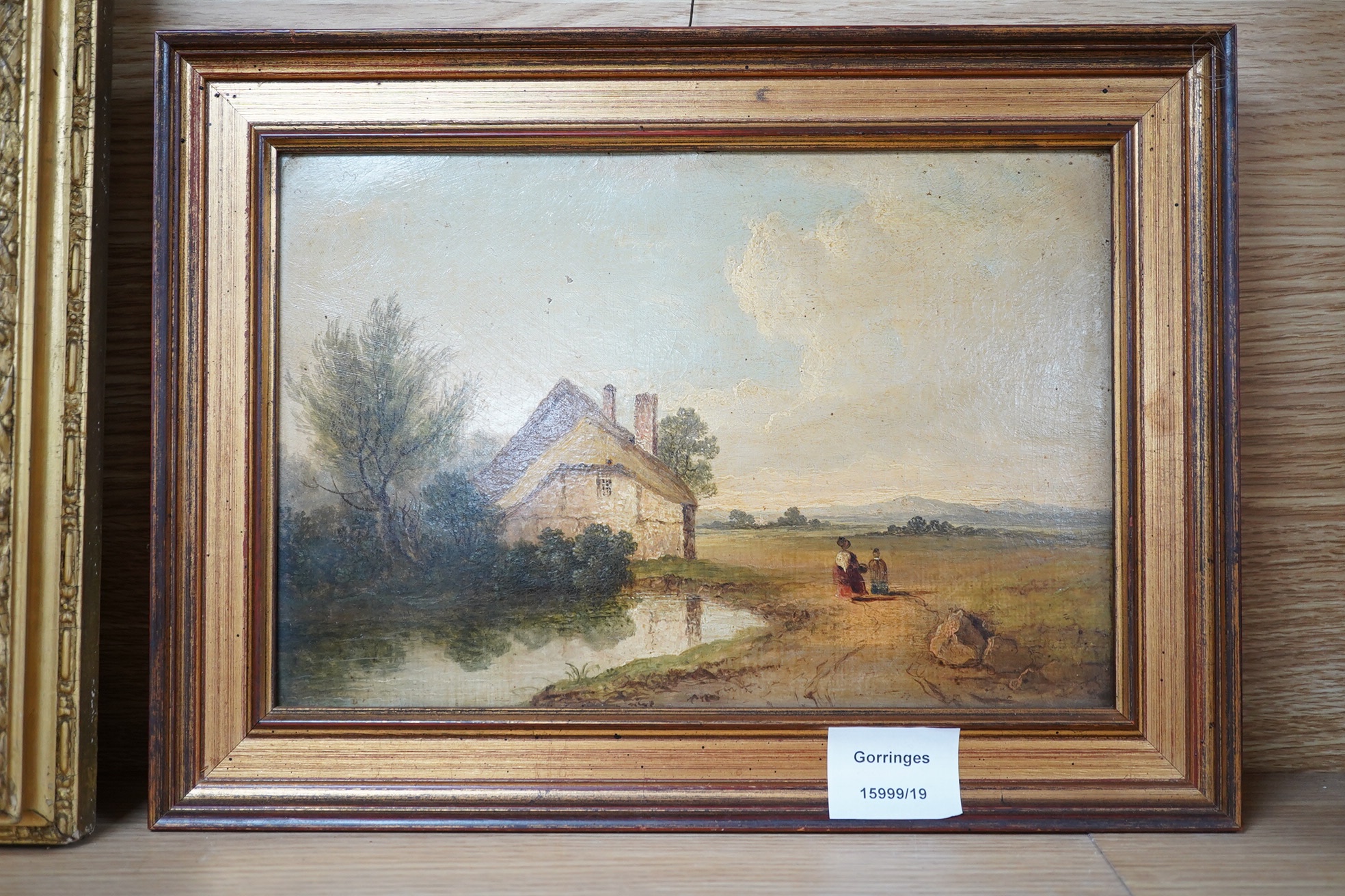 19th century English School, oil on panel, cottage scene, 17x26cm. Condition - good